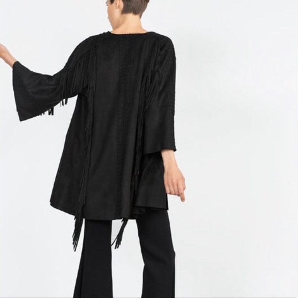 ZARA Faux Suade Fringe Black Jacket M